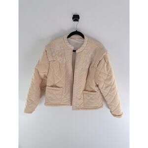 Floral Embroidered Light Tan Quilted Embroidered Clasp Closure Jacket-Size L